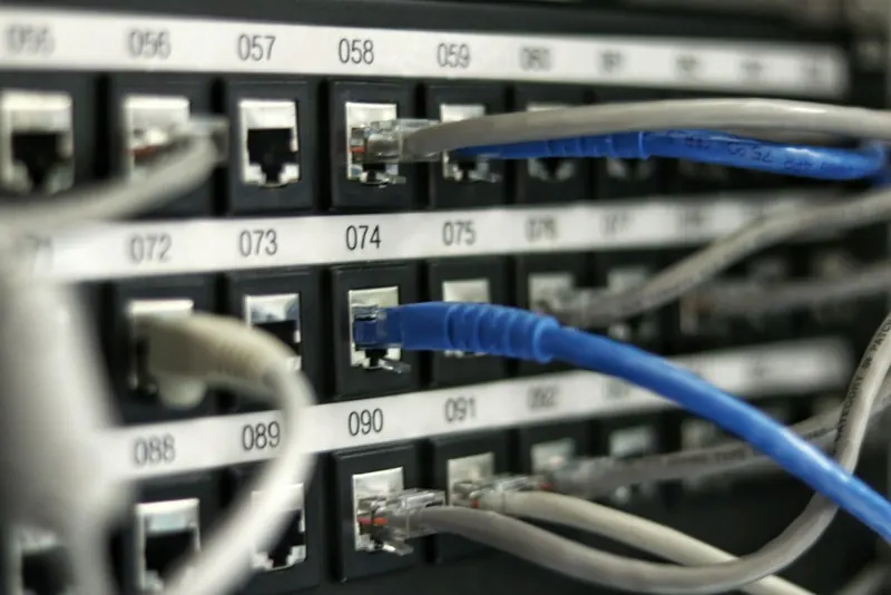 Close-up of server hardware and network cabling